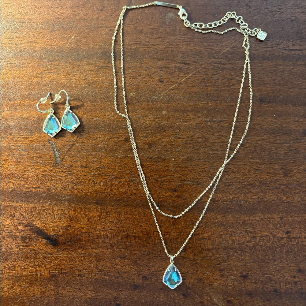 Kendra Scott Gold-Tone Blue Teardrop Layered Necklace with Matching Earrings